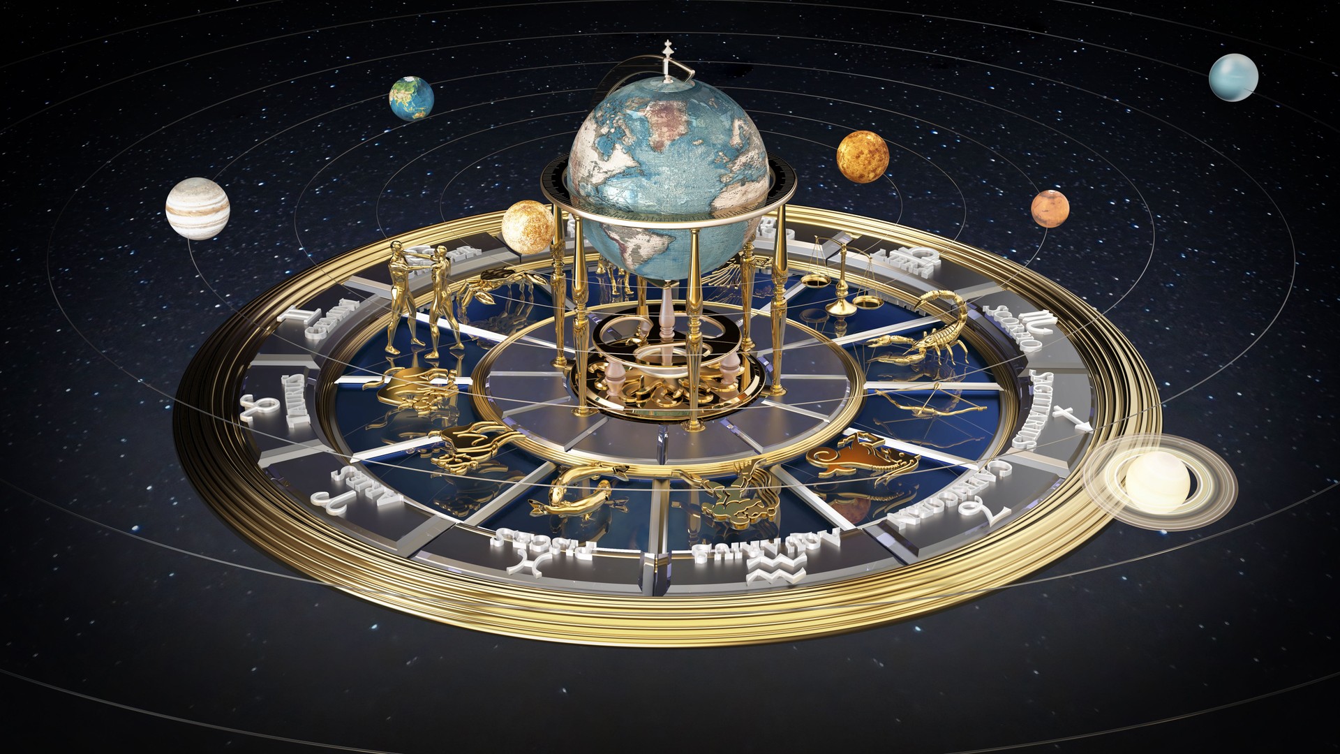 Astrology concept with a rotating detailed zodiac wheel and solar system planets showcasing signs and symbols